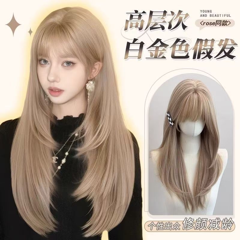 rose同款发色白金色假发女全头套式高层次女团金夏天甜酷长卷发|undefined