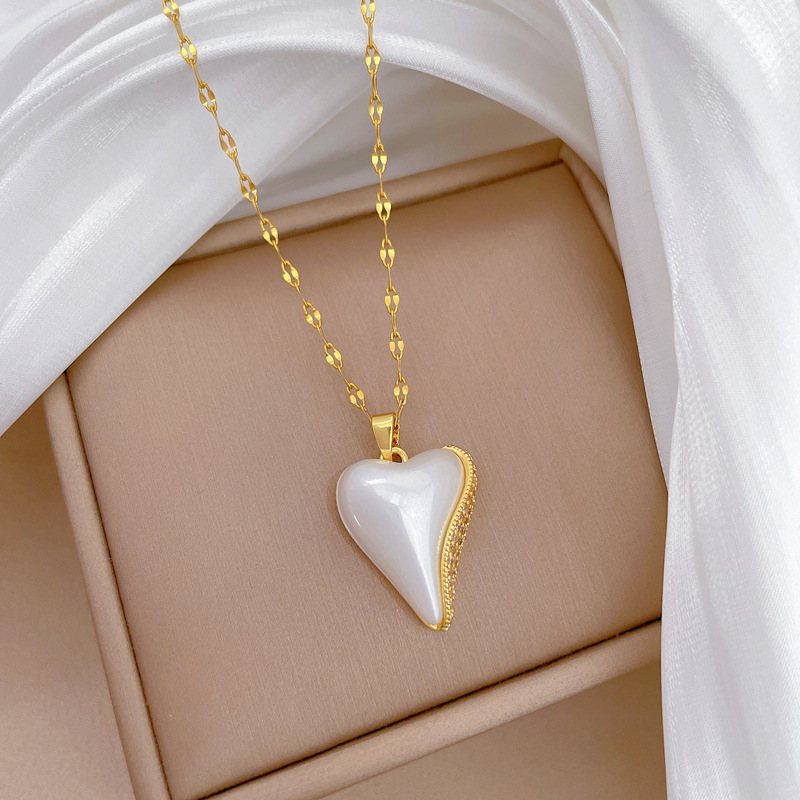 Collana elegante a cuore con perla e diamanti in acciaio_voghion.com
