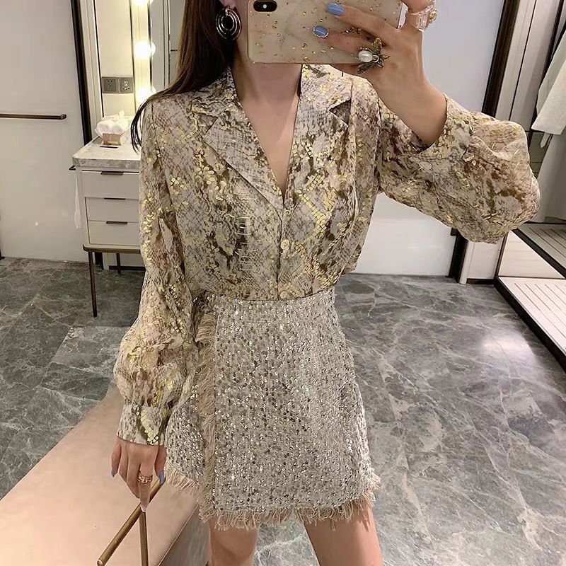Suit Collar Personalized Sequined Snake Print Shirt for Women, Unique Design, Loose Fit, Long Sleeve, French Fashion Shirt, Trendy Suit Collar Personalized Sequined Snake Print Shirt for Women, Unique Design, Loose Fit, Long Sleeve, French Fashion Shirt, Trendy