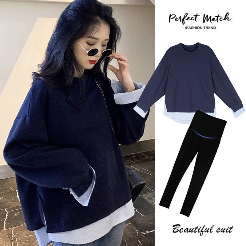 Fake Two-piece Pregnant Women's Top Wearing Xizang Blue Pullover Sweatshirt Fashionable suit Spring and Autumn Loose Slim Long-sleeved T-shirt