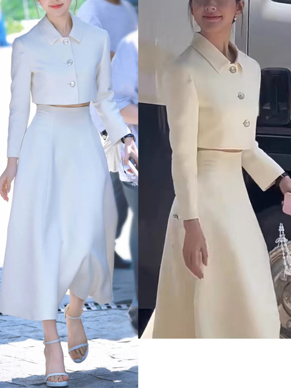 在庫あり 趙露思と徐燕と同じスタイルの高級ホワイトフレグランス風スーツドレス レディースショートジャケットとスカートのツーピースセット|undefined