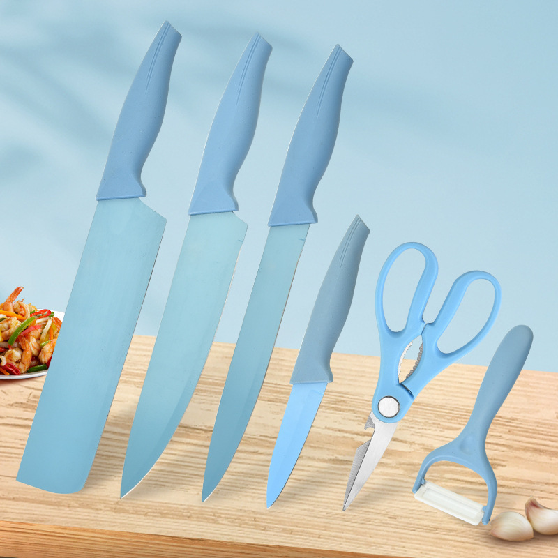 En stock cuchillo de acero inoxidable cuchillo de pintura en aerosol mango de cola de Fénix cuchillo de cocina pequeño caja de regalo de seis piezas cuchillo de corte de cocina traje de cuchillo