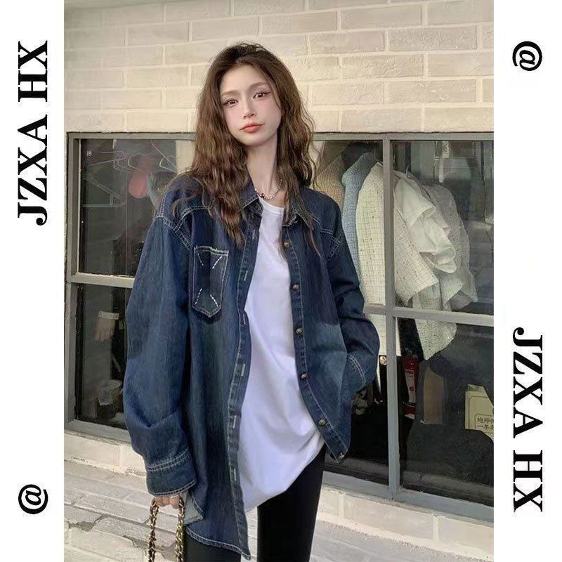 复古加绒加厚牛仔衬衫女秋冬大码胖人叠穿外穿正肩衬衣中宽松外套|undefined