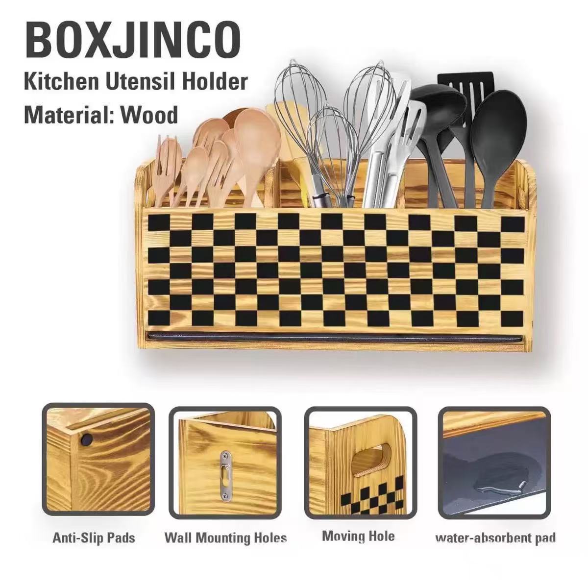 跨境木质餐具盒复古台面厨具整理盒筷子架分类盒带把手实木厨具架