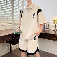 半袖スポーツスーツ男子青少年ゆるいカジュアル襟poloシャツファッションブランドかっこいいtシャツ2点セット