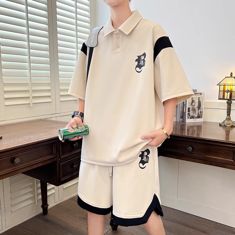 半袖スポーツスーツ男子青少年ゆるいカジュアル襟poloシャツファッションブランドかっこいいtシャツ2点セット|undefined