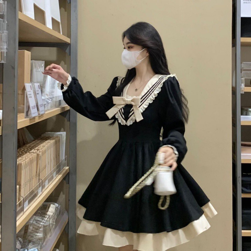 海军领长袖赫本风连衣裙秋季新款女装斜肩款甜美遮肉黑色裙子|undefined
