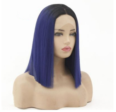 Peluca de fibra química europea y americana degradada azul oscuro hasta los hombros pelo corto liso encaje delantero peluca de fibra química casco LW0090