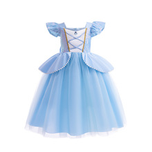 欧美新款连衣裙小飞袖大裙摆网纱蓬蓬裙冰雪奇缘灰姑娘女童礼服裙