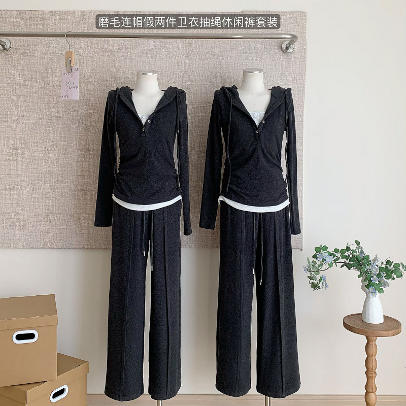 sporty chic*磨毛连帽假两件T恤卫衣抽绳休闲裤套装女秋|undefined
