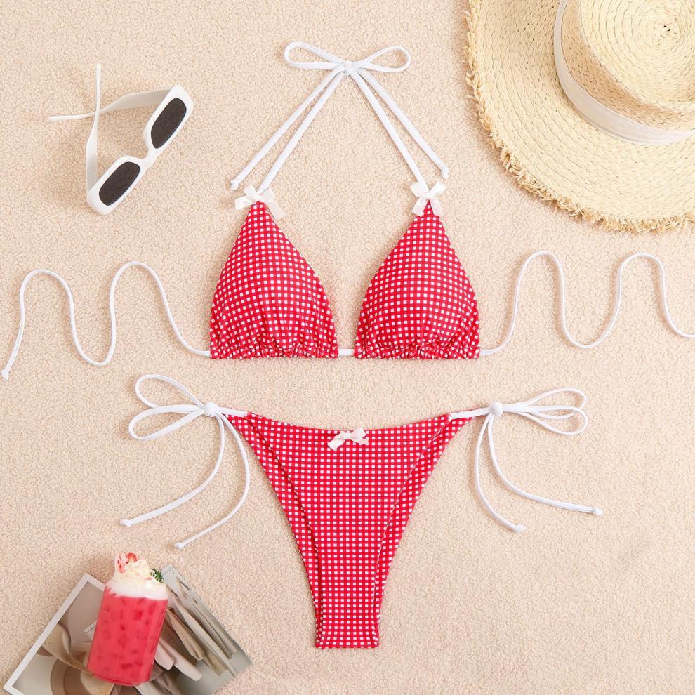 Bikini Swimwear Women Split Bikini Plaid Printed Bow Sexy Swimsuit
