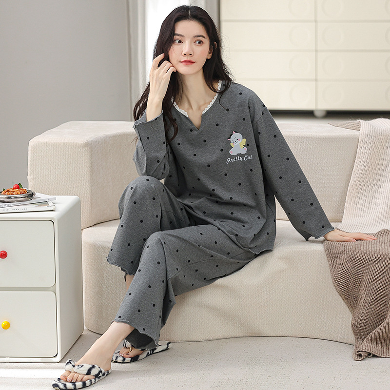 2026 Pajamas Women's 100% Cotton Long Sleeve Trousers Spring and Autumn New Cartoon Round Neck Can Be Worn Outside Homewear Set