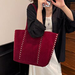 跨境复古质感大容量腋下女包2025新款铆钉托特包鹿皮绒单肩通勤包