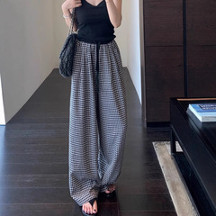 AMRUU ◆ レイジーでカジュアル、ファッショナブルでスリムなチェック柄パンツ、ハイウエスト、ルーズストレートワイドレッグパンツ、女性用春夏新作