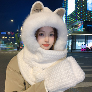 Fox Ears Hat Scarf One-piece Hat Women's Winter Thickened Hat Gloves Three-piece Set Cycling Warm Neck Protection