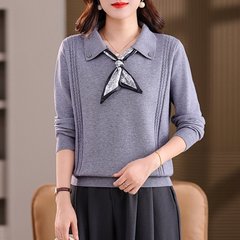 一件代发2025秋季新款时尚翻领丝巾款长袖韩版气质针织衫上衣女