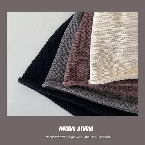 Japanese solid color rolled edge pile hat for women spring and autumn Korean style loose thin knitted cold hat ear protection bag head hat for men trendy