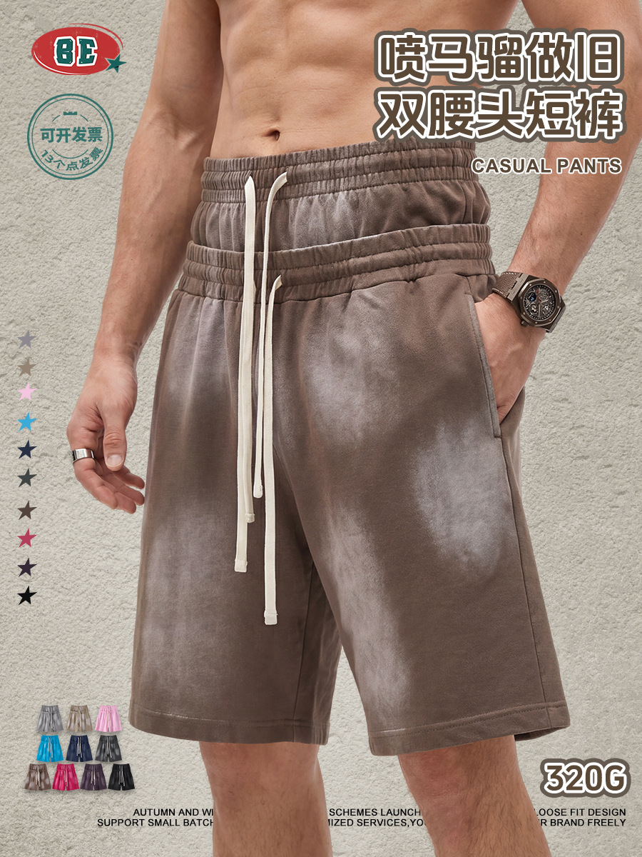 Be Hombres| Pantalones de doble cintura pesados lavados con agua, pantalones cortos de cintura alta, pantalones de moda, pantalones deportivos casuales sueltos, pantalones de cinco puntos