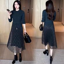 蕾丝高档洋气时尚连衣裙秋冬新款中长款裙子拼接针织显瘦大衣打底