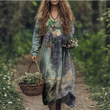 亚马逊跨境2025夏季新款欧美女装宽松时尚V领印花连衣裙