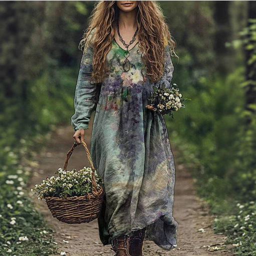 Amazon Cross-Border 2026 Summer New European and American Women's Loose Fashion V-Neck Printed Dress