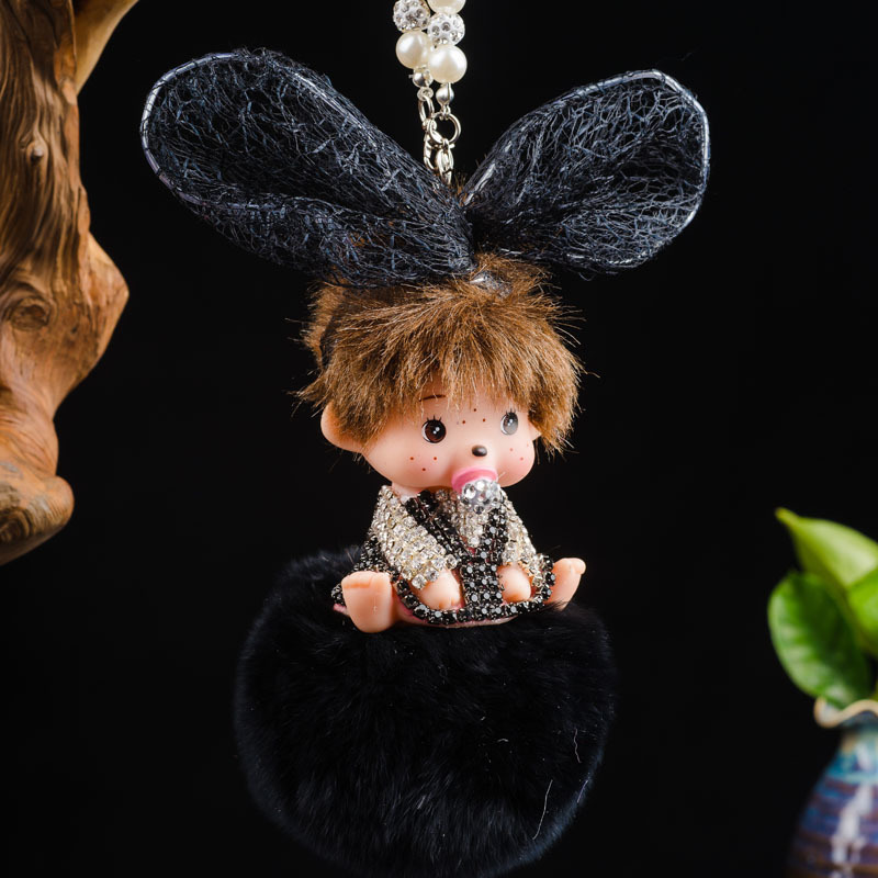 Encaje orejas de conejo lazo colgante de muñeca con incrustaciones de diamantes colgante de cadena de perlas accesorios para automóviles