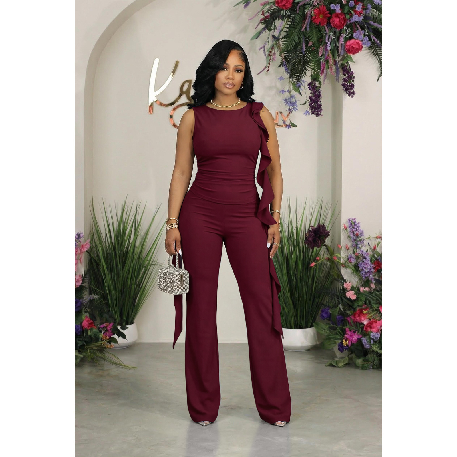 Women's Clothing Women's Solid Color Ruffled Slim Fit Flared Pants Set Fashionable Casual Two Piece Tie Up For Formal & Casual_voghion.com