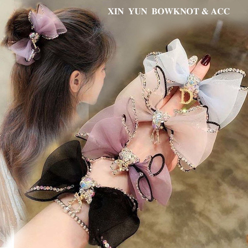 森女系超仙发饰蝴蝶结发绳韩版镶钻D字母气质女网红发圈跨境饰品