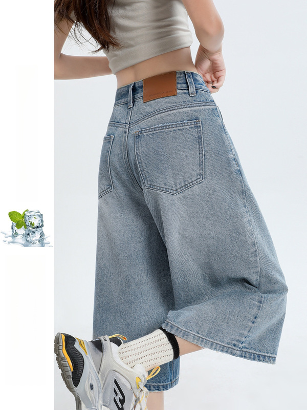 Light Blue Cropped Wide-Leg Jeans for Women, Summer Thin Style, 2026 New Model, Petite American-Style Loose 7/8 Pants
