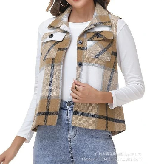 2026 Amazon European and American foreign trade cross-border women's flannel plaid lapel sleeveless button casual vest