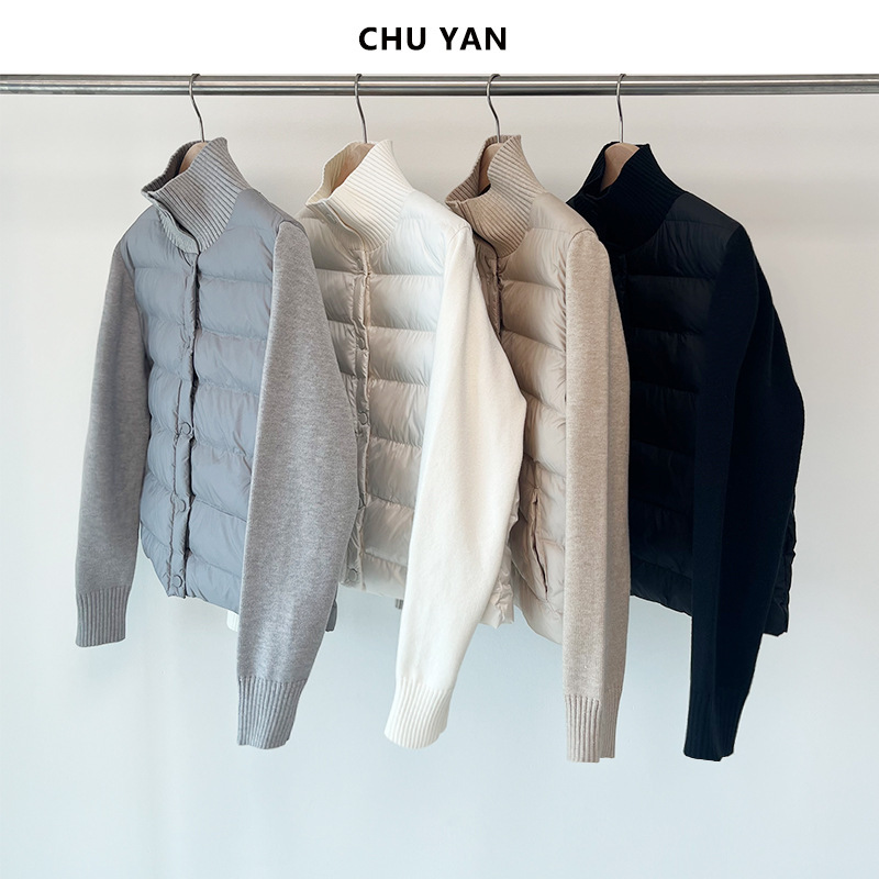 Korean Style Knitted Patchwork Stand-Up Collar Sheep Wool Lightweight Fluffy Ribbed Cotton Jacket for Women, Winter 2025 Warm Short Coat