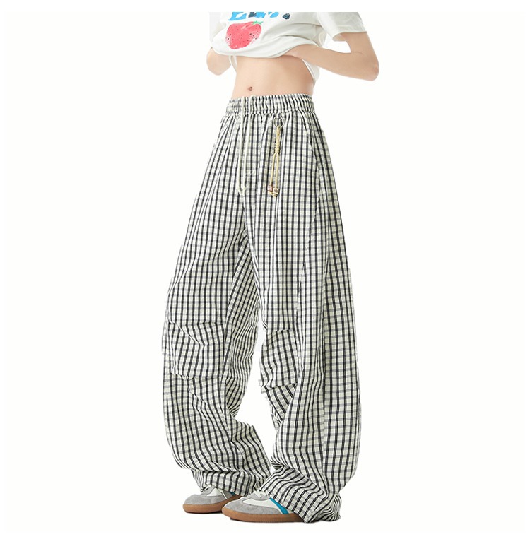 Men's Style Relaxed Fit Plaid Trousers Retro Color Block Wide Leg Casual Trendy Brand Drapey Paratrousers_viptrois.com