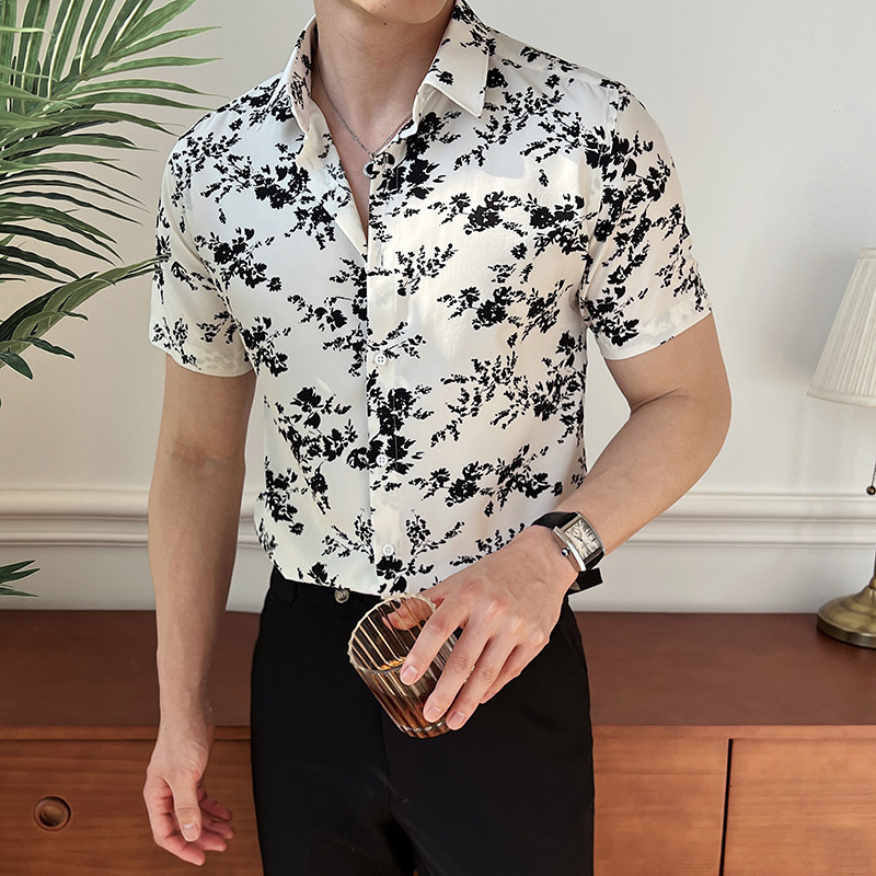 特价批发男士印花短袖衬衫修身百搭垂感休闲夜店花衬衣外贸跨境款