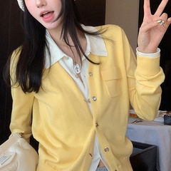 撞色假两件针织衫女秋季新款慵懒风毛衣拼接长袖开衫上衣