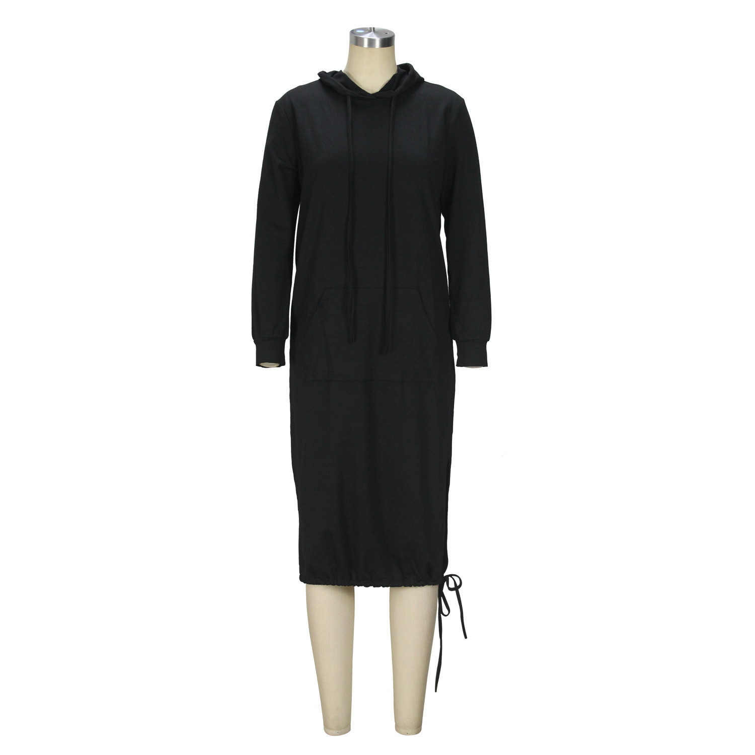 Autumn Winter Long Lace up Hem Dress Hooded Sweater Midi Dress for Women