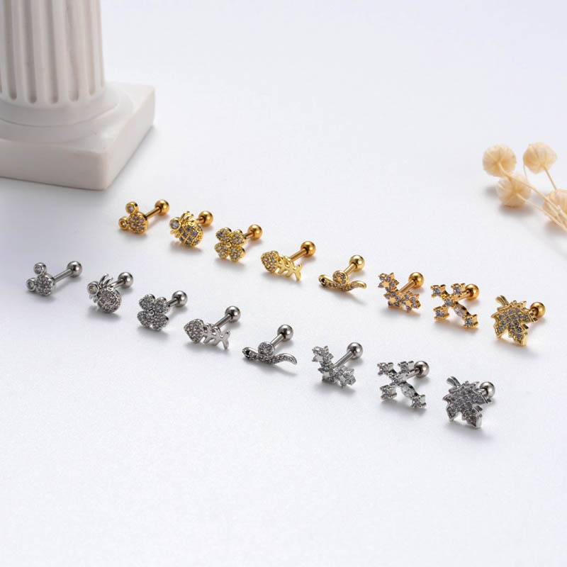 2PCS Thick stainless steel micro inlaid zircon spider fish snake shaped bone puncture screw twist ball ear nail_voghion.com