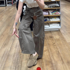 美式复古工装裤女秋季大码胖mm松弛感阔腿裤子宽松bf慵懒风弯刀裤