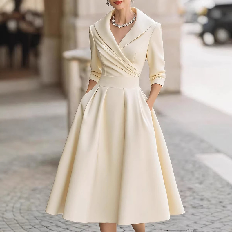 European and American Cross-Border Amazon 2026 New Women's Solid Color Elegant Formal Waist-Cinching Slimming Fashionable and Graceful Dress