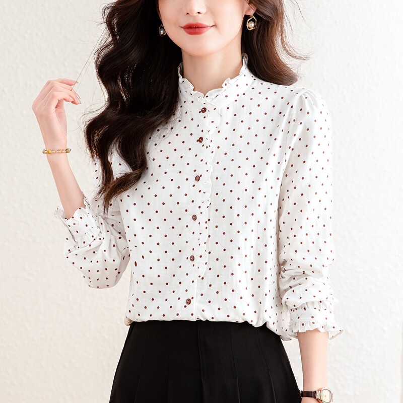 High-end versatile silk shirt for women, long-sleeved polka dot print blouse with ruffled edges, fashionable mulberry silk top
