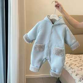 婴儿秋冬季加绒连体衣宝宝韩版皮毛一体保暖外出初生儿冬装哈衣服