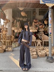 2025新款时尚套装气质斜肩长袖T恤女早秋显瘦百搭休闲长裤两件套