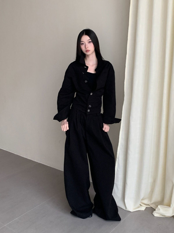 黑色套装女设计感小众长袖短款收腰衬衫上衣+阔腿裤直筒裤两件套|undefined