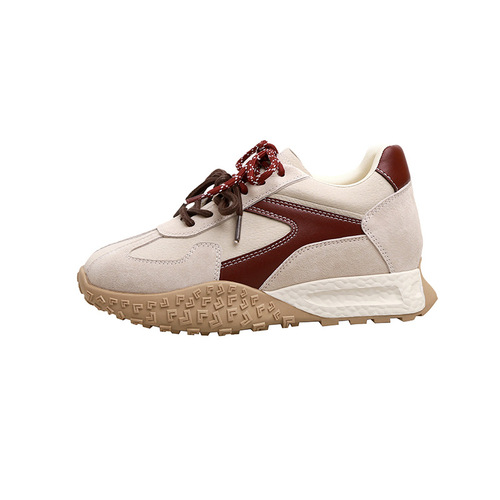 Leather version~8cm low-profile insole retro color-blocked women's training shoes, unisex casual sports dad shoes