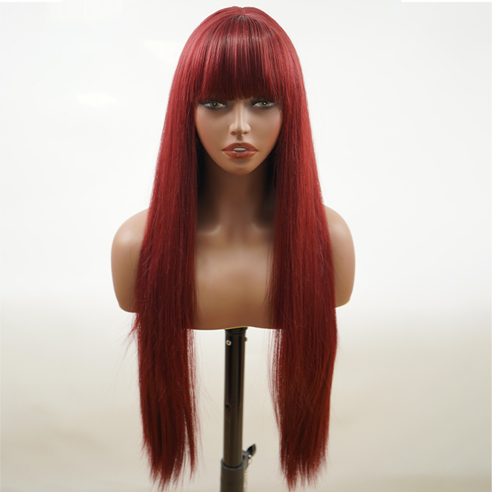 Parrucca in fibra chimica all'ingrosso della fabbrica copricapo filo ad alta temperatura 99J bordeaux frangia d'aria meccanismo di capelli lunghi lisci parrucche con riga centrale_voghion.com