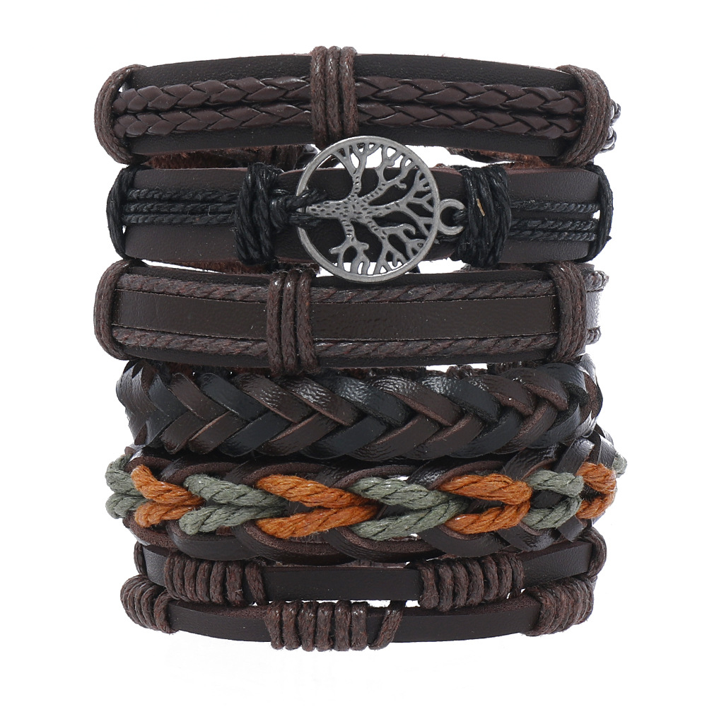 Bracelets, Drawstring Bracelets Classification Alloy, Leather Rope Chain Material Retro Geometric Life Tree Pu Leather Alloy Wax Line Braid Men's Bracelets Drawstring Bracelets Men Cord & Leather Bracelets