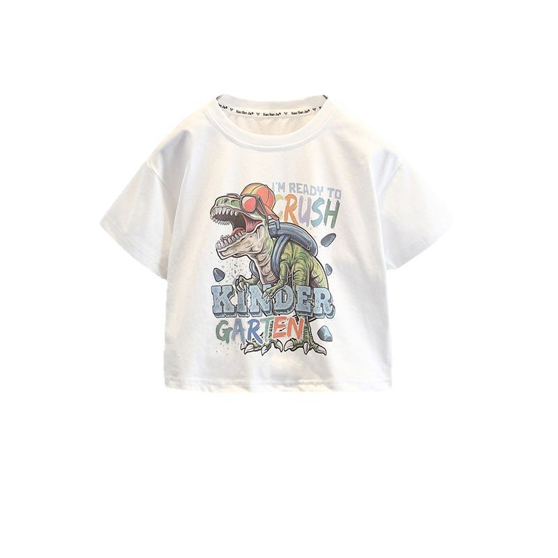 7985 Camiseta de manga corta de dinosaurio de dibujos animados para niños 2025 nuevos tops de media manga para niños ropa de verano para niños