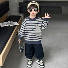 男童口袋毛衣春秋冬季条纹毛线衣儿童帅气套头针织衫柔软抗起球潮