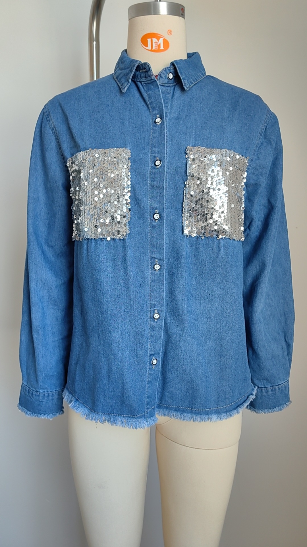 Women's Sequin Pocket Denim Shirt Jacket – Frayed Hem Oversized Fit image 9