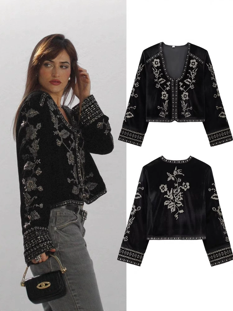 Spring velvet swan, длинные рукава, куртка, Amazon, оптовый, европейский стиль, с вышивкой