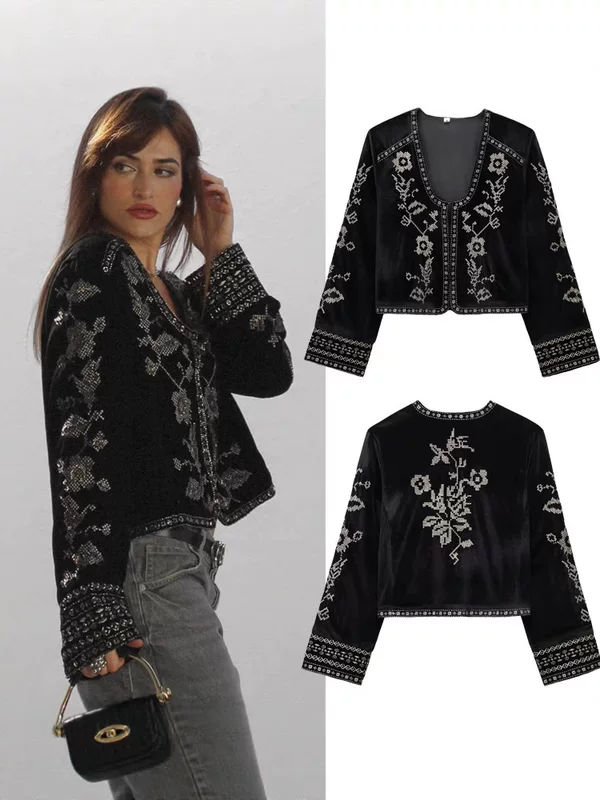 Spring velvet swan, длинные рукава, куртка, Amazon, оптовый, европейский стиль, с вышивкой
